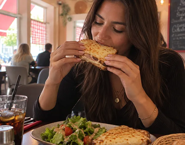 Femme dégustant un croque-monsieur maison accompagné de salade dans un cadre convivial