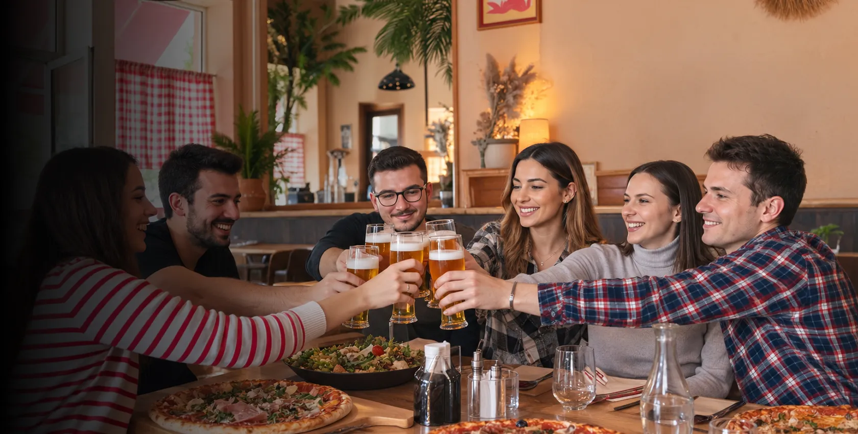 Groupe souriant levant des verres de bière autour d’une table garnie de pizzas artisanales
