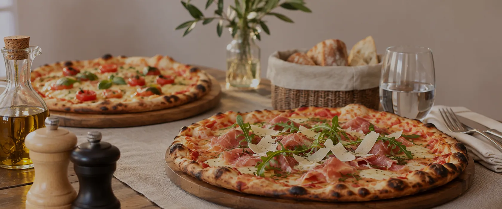 Pizzas artisanales maison garnies avec produits frais sur table conviviale